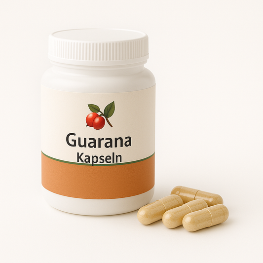 Dose mit 180 veganen Guarana Kapseln à 500 mg Pulver, pflanzliche HPMC-Kapselhülle Größe #00, natürlich koffeinhaltig, hergestellt in Deutschland.
