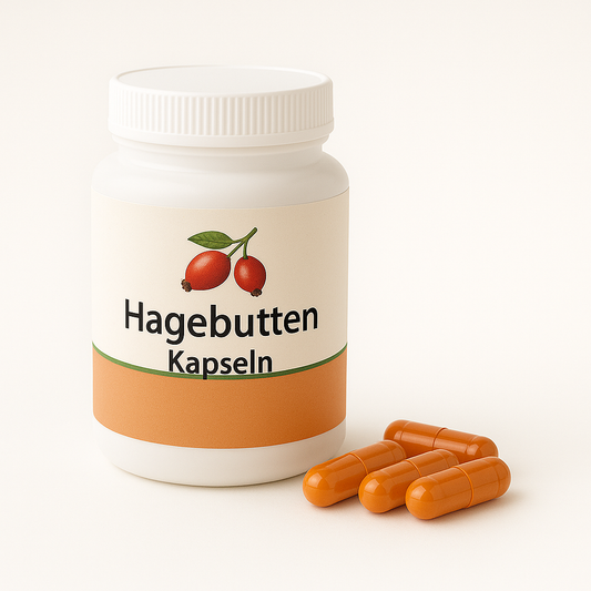 Dose mit 180 veganen Hagebutten Kapseln à 500 mg Hagebuttenpulver, pflanzliche HPMC-Kapselhülle Größe #00, hergestellt in Deutschland, frei von Zusatzstoffen.