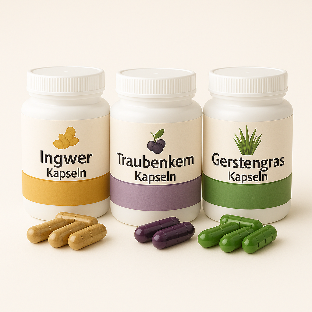 3er-Bundle aus Ingwer-, Traubenkern- und Gerstengras-Kapseln in veganer Qualität